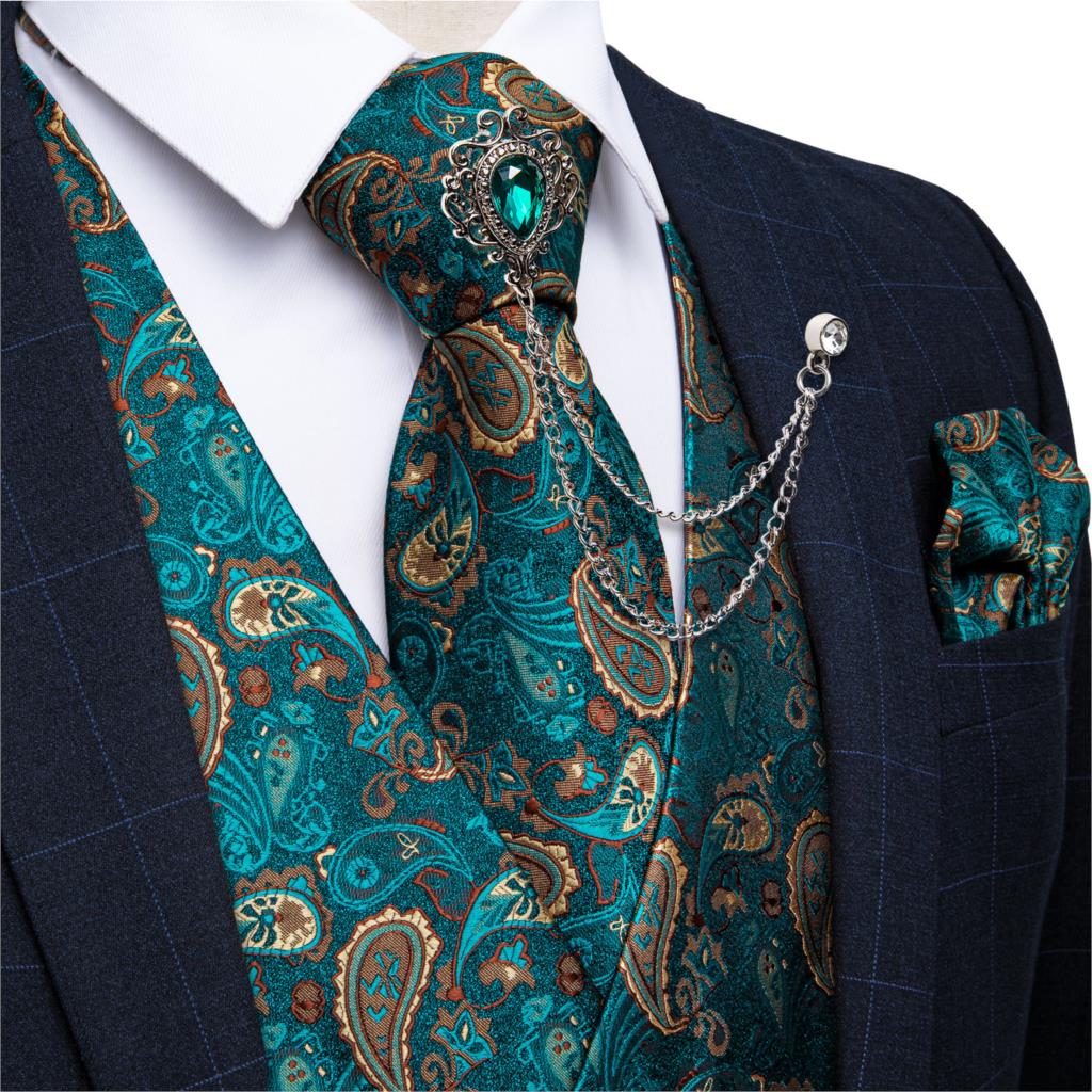 Pocket Square Set - Novo Colete Formal Verde Azul-Petróleo Paisley